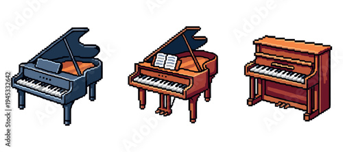 Pixel art of three pianos: blue grand, brown grand with sheet music, and brown upright. Not editable stroke