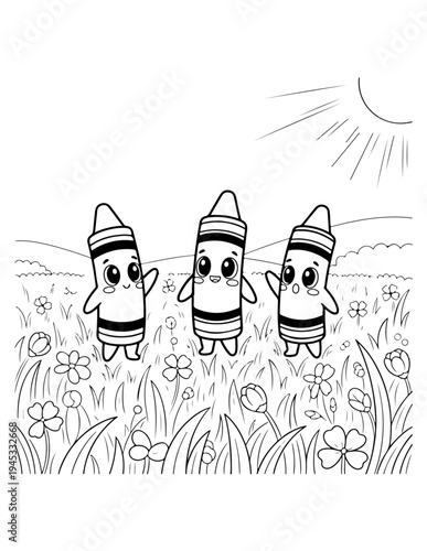 Set of 3 cartoon crayons in a field of flowers vector illustration