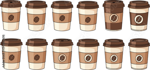 Disposable takeaway coffee cup collection with different lid styles and coffee bean logos flat vector illustration set for cafe branding, menu design and beverage packaging