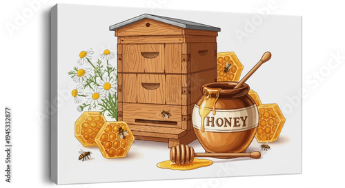 Wooden beehive honey jar and honeycomb illustration for natural product design