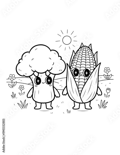 Vector illustration of cute cartoon broccoli and corn characters