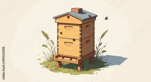Wooden beehive illustration with bees and plants against light background