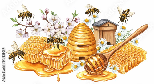 Watercolor illustration of honeybees honeycomb beehive flowers and a spoon