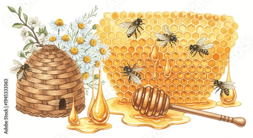 Watercolor illustration of honeybees honeycomb flowers and beehive