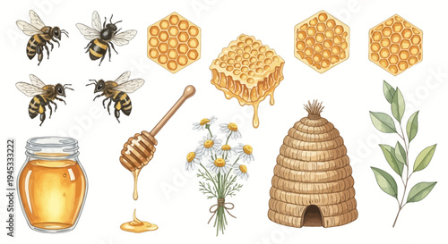 Watercolor illustration of honeybees honeycomb jar flowers and bee house