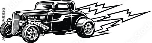 Vintage Hot Rod Coupe with Lightning Speed Effect Hand Drawn Retro Vector Illustration