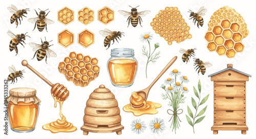 Watercolor illustration of honeybees honeycomb jars and dippers isolated elements