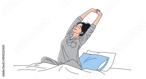 Young woman sitting on bed stretching arms up in morning routine, minimalist line drawing, contemporary art style, bedroom context, waking up feeling refreshed and energized