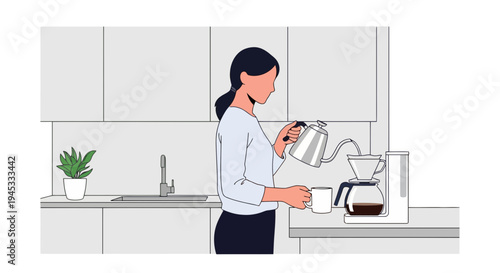 Woman in modern kitchen pouring coffee from kettle into cup, minimalist flat design, everyday morning routine, domestic scene, home life