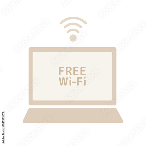 フリーWi-Fiとベージュ色のパソコンのイラスト