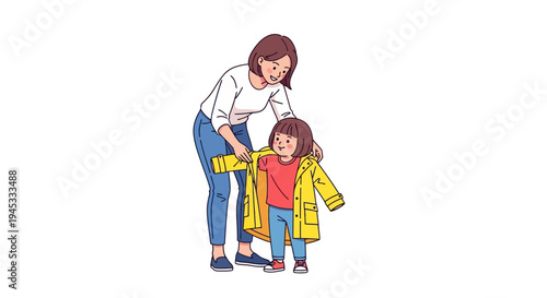 A mother helping her young child put on a bright yellow raincoat on a rainy day in a colorful cartoon illustration style with bold lines and vibrant colors in a domestic setting