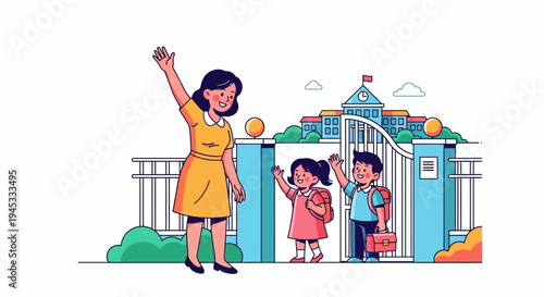 Happy teacher waving goodbye to students at school entrance with colorful building background in modern flat design style on white