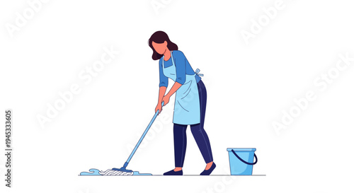 A woman wearing a blue apron and dark pants mopping a floor with a bucket beside her in a minimalist flat color illustration style in a domestic cleaning context