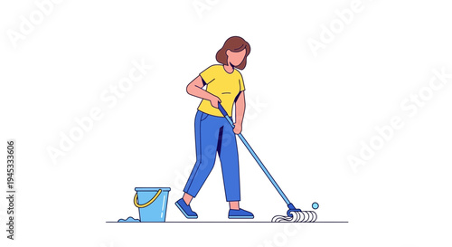 A woman in a yellow shirt and blue pants mopping the floor with a mop and bucket in a simple, colorful, cartoon-style illustration for cleaning or household chores concept.