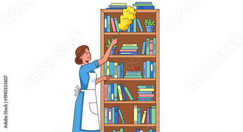 A cartoon woman in a blue dress and white apron reaching for a book on a tall wooden bookshelf with multiple rows of colorful books and a few decorative items on top, in a playful and whimsi