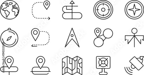 Navigation and map icons set featuring global earth globe position markers directional arrows compass symbols location pins and satellite signals for travel apps tracking systems and geography use