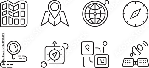 Navigation and mapping icons set containing line art map pins globe earth compass navigation routes satellite technology location tracking tools geography symbols travel planning interface elements