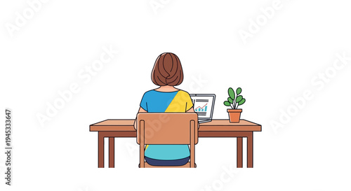Woman sitting at desk facing computer screen with potted plant on right minimalist modern flat design style office workspace concept