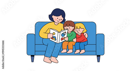 Mother reading a colorful children's book to two cute kids sitting on a blue couch in a cozy living room with a warm and loving atmosphere in a minimalist flat vector style