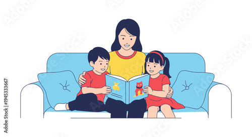 Woman reading book to two children on couch, colorful flat vector illustration, family bonding moment, literacy scene, educational concept