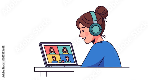 Woman wearing headphones sitting at a desk having a video conference call on her laptop with four people on the screen in a minimalist flat cartoon style with a white background.