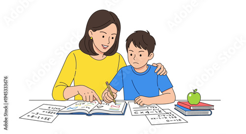 A female teacher or tutor assisting a young male student with his schoolwork or homework in a colorful, modern, flat, minimalist cartoon style in an educational setting