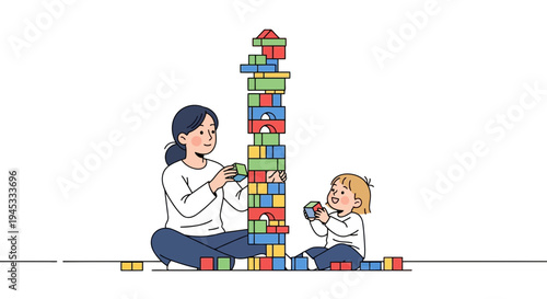 Mother and toddler building tall colorful block tower together sitting on floor with scattered blocks around them in simple flat cartoon illustration style for kids and education concept