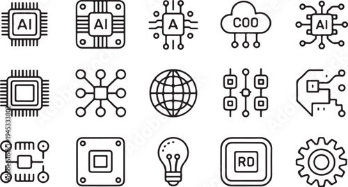 Artificial intelligence technology icons set including processor chips with ai symbol cloud computing network globe and lightbulb for innovation and digital data processing concepts
