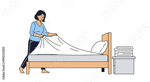 Woman making bed, changing sheets, minimalist line art style, domestic scene, everyday household chore, morning routine, tidy bedroom