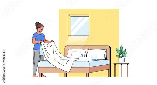 A woman making her bed in a minimalist bedroom with a modern aesthetic and a plant on a bedside table in a simple line art style with flat colors and bold lines.