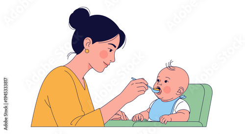 A mother feeding her baby with a spoon, digital illustration of a tender maternal moment, cute cartoon characters, simple flat style, white background, parenthood concept.