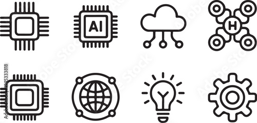Set of technology icons featuring artificial intelligence processors cloud storage global network interconnected nodes lightbulb symbol and gears representing digital advancement and smart systems