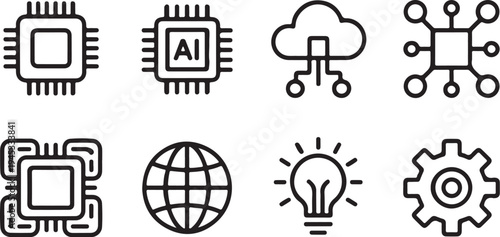 Collection of technology and artificial intelligence symbols with processors ai chips cloud network globe lightbulb gear and circuit board elements for digital innovation business and science