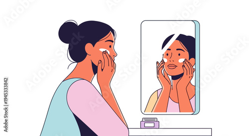 Woman examining her acne and skin condition in a mirror with concern, vector style flat cartoon illustration for health and beauty concept