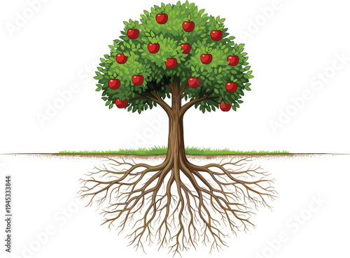 apple tree with roots illustration, detailed fruit tree diagram, botanical plant structure, red apple harvest concept, nature growth cycle, garden agriculture design
