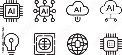 Artificial intelligence tech icon collection featuring cpu processors and cloud computing symbols with electronic circuits for machine learning and high tech digital infrastructure development tools