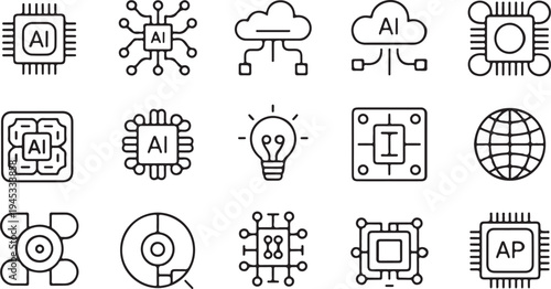 Vector icons for artificial intelligence and technology including processor chips ai symbols cloud computing global network lightbulb idea processor unit and network node for digital transformation