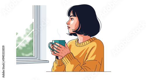 A young woman with short black hair wearing a yellow sweater sitting by a window, lost in thought while holding a steaming mug of coffee or tea on a sunny day in a minimalist, cartoonish, an