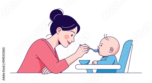 A smiling Asian mother feeding her happy baby with a spoon in a minimalist flat cartoon style at a restaurant or home kitchen table with a high chair