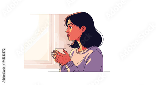 Young woman with dark hair sitting by window, lost in thought, drinking from a mug, in a soft pastel colored cartoon style, feeling contemplative and cozy at home in the morning.