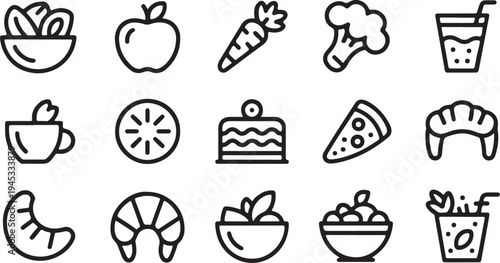 Assorted food and drink icons set with organic products and healthy meals including salads and juices for culinary blogs and restaurant menus featuring clean linear design for professional branding