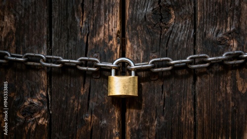 Brass Padlock and Chain Securing Weathered Wooden Door