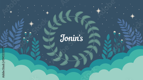 A whimsical illustration of a starry night sky with a wreath of leaves and a personalized name