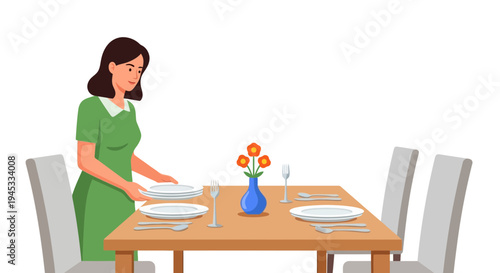 Woman in green dress setting a wooden dining table with plates, utensils, and a blue vase with orange flowers, minimalist flat vector illustration for home and hospitality concepts