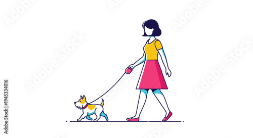 A modern woman walking her adorable little dog on a leash in a minimalist one-line art style on a white background for a pet or lifestyle concept