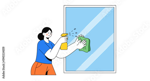 Woman cleaning a window with a green cloth and yellow spray bottle in a modern minimalist flat color style with simple shapes and bold lines in a domestic household cleaning context