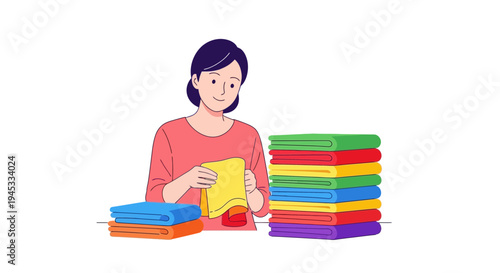 Woman organizing colorful folders in an office setting with a tidy stack, symbolizing organization and productivity in a modern workspace with a minimalistic artistic style