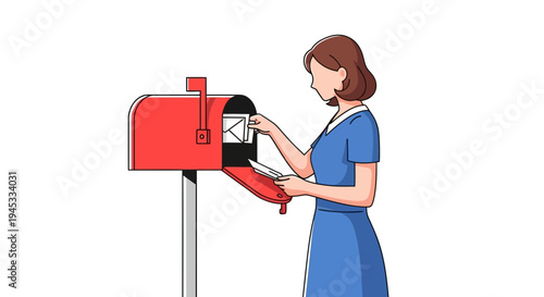 Woman in blue dress retrieving letters from red residential mailbox on silver post, colorful flat vector graphic, everyday domestic scene, mail collection, suburban life