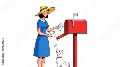 Woman in blue dress and yellow hat putting letter in red mailbox with curious white dog standing beside her in a vintage cartoon style on a white background