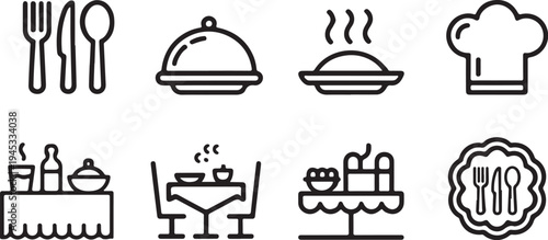 Restaurant icons set in outline style featuring dining table settings along with professional chef hat and silver cutlery for food service design menu decorations culinary apps and cafe signage use